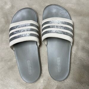 Adidas Women's Silver and White Slide Sandals
